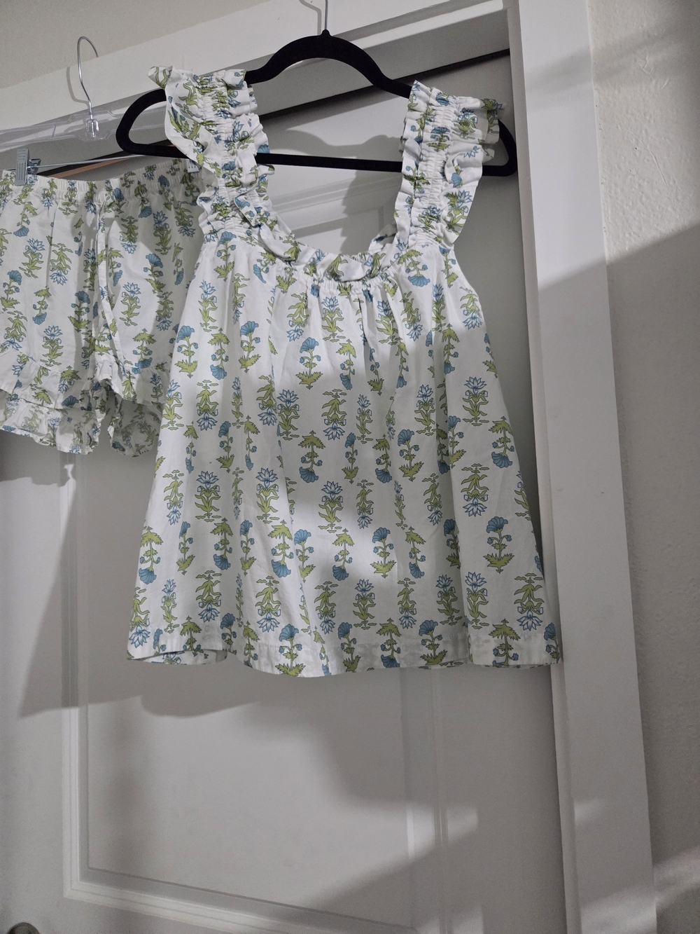 Piyama Floral Ruffle Tank Top - White with Blue & Green Pajama Short Set